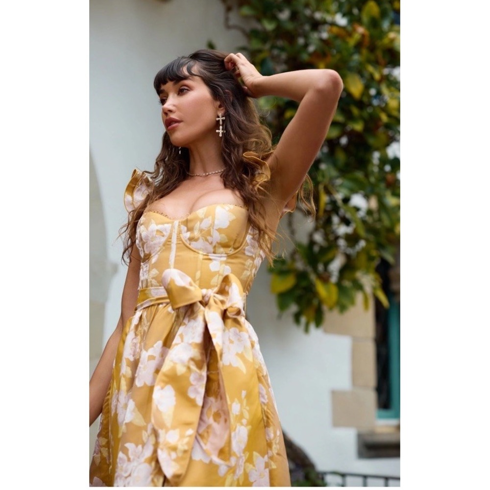 $525 Anthropologie V. Chapman Vera Ruffle Corset Slit Gold Dress Floral  10 Midi - Picture 4 of 15